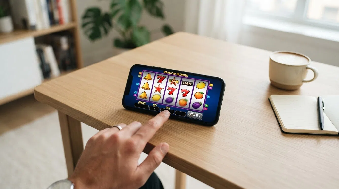 De Random Runner gokkast van Stakelogic in demo-modus op een mobiel scherm, met de herkenbare fruitrollen en startknop