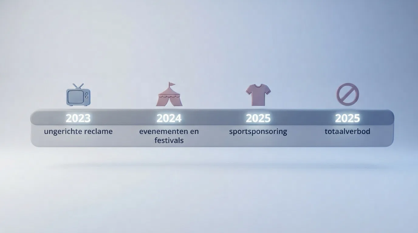Een visuele tijdlijn van 2023 tot 2026 met vier gemarkeerde fases van het Nederlandse reclameverbod