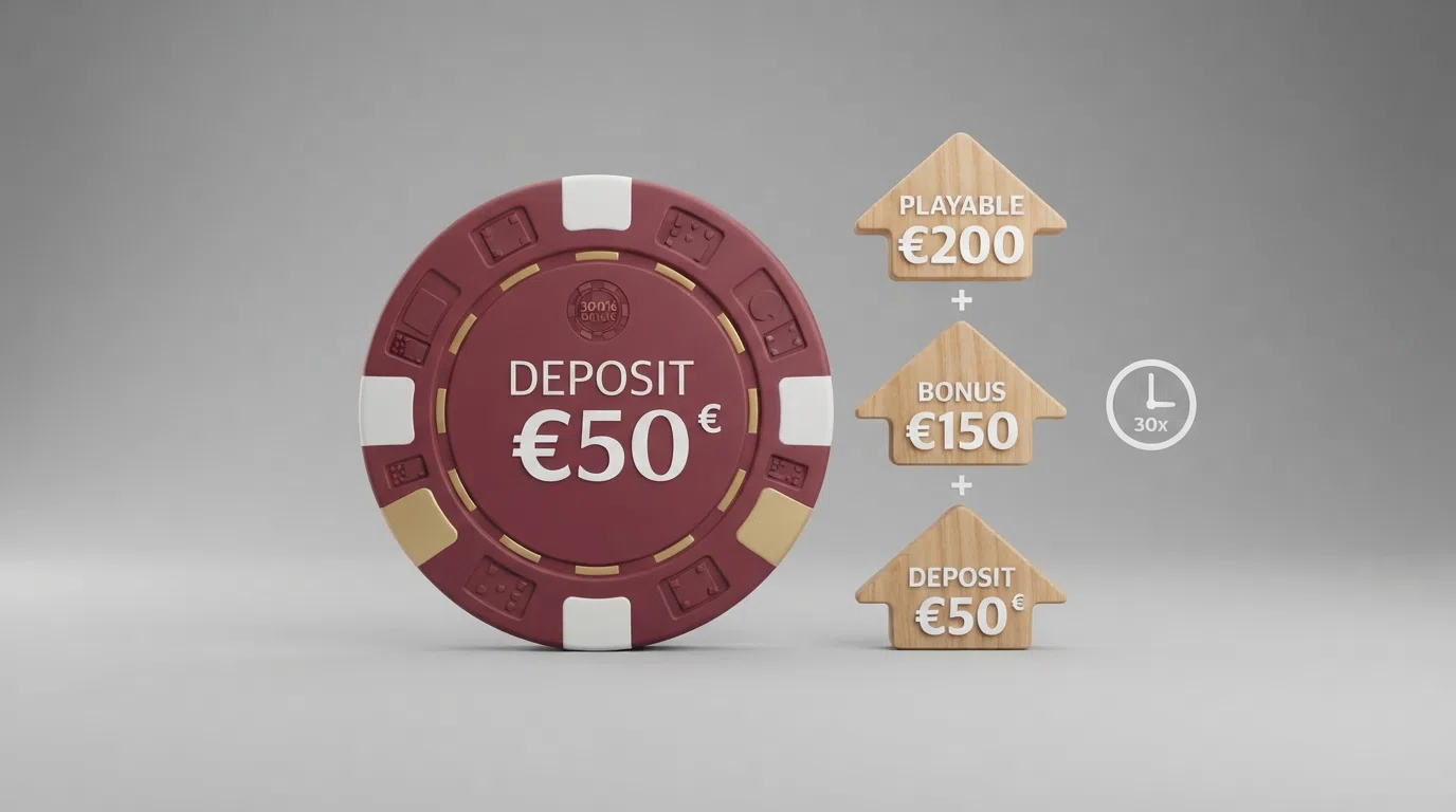 Een visuele rekensom: €50 storting met drie pijlen naar €200 speeltegoed, met ernaast een klokje voor de rondspeeleis