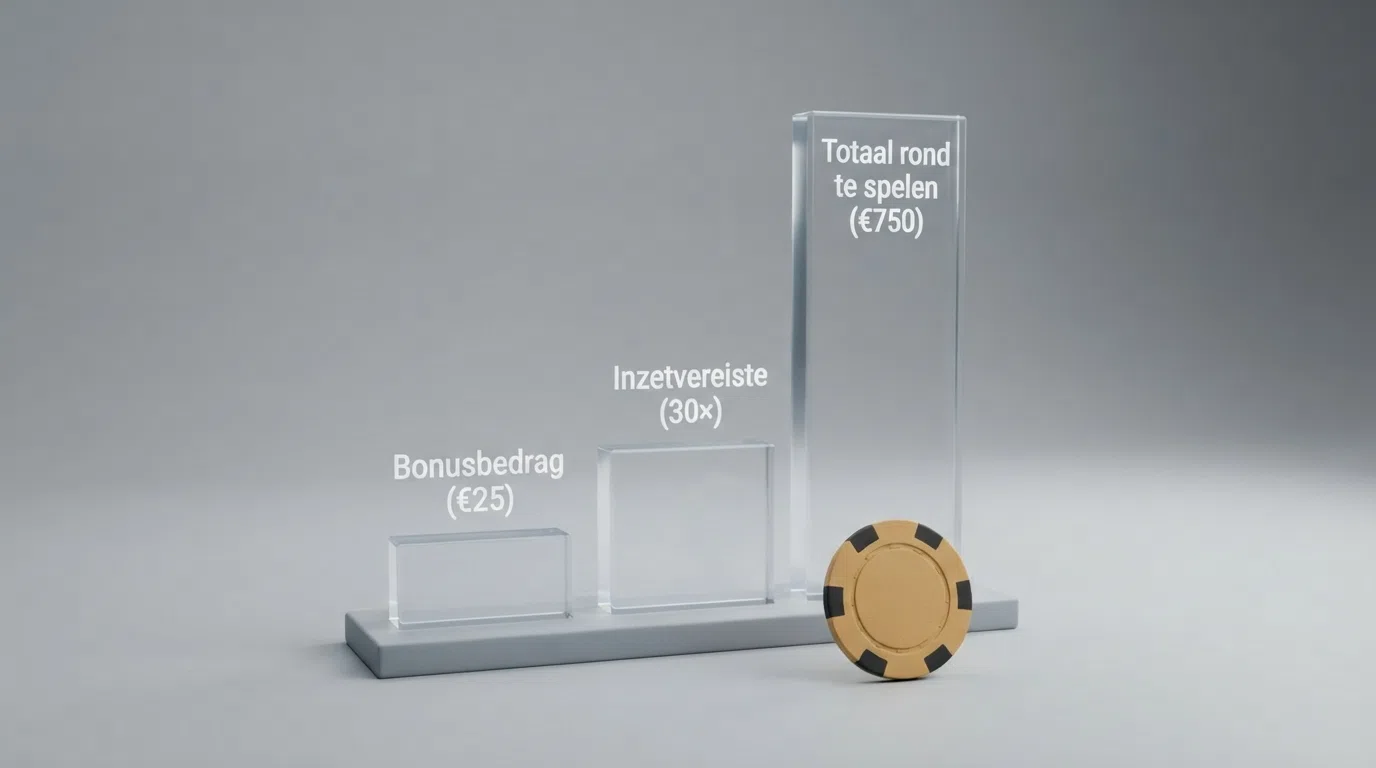 Een schematische weergave van rondspeelvoorwaarden bij een Nederlandse online casino bonus: bonusbedrag, inzetvereiste en het totale rond te spelen bedrag