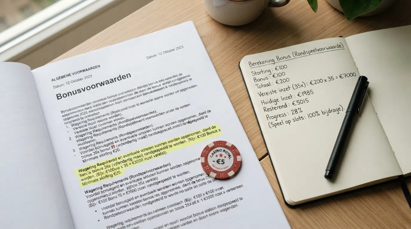 Een close-up van een document met bonusvoorwaarden, een markeerstift op de paragraaf over rondspeelvoorwaarden, met een rekenmachine ernaast.