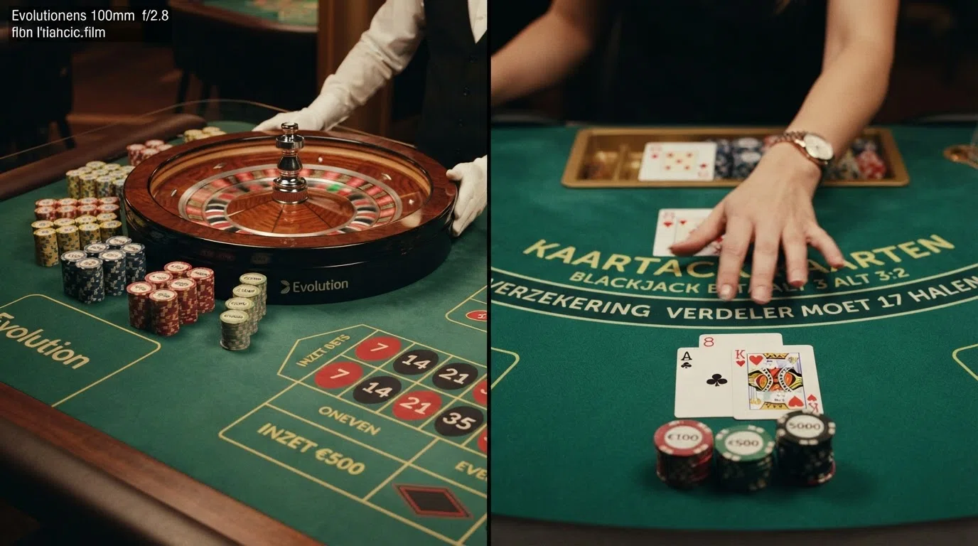 Een split-screen van een live-roulettetafel en een blackjack-hand met hoge fiches in een online casino-omgeving