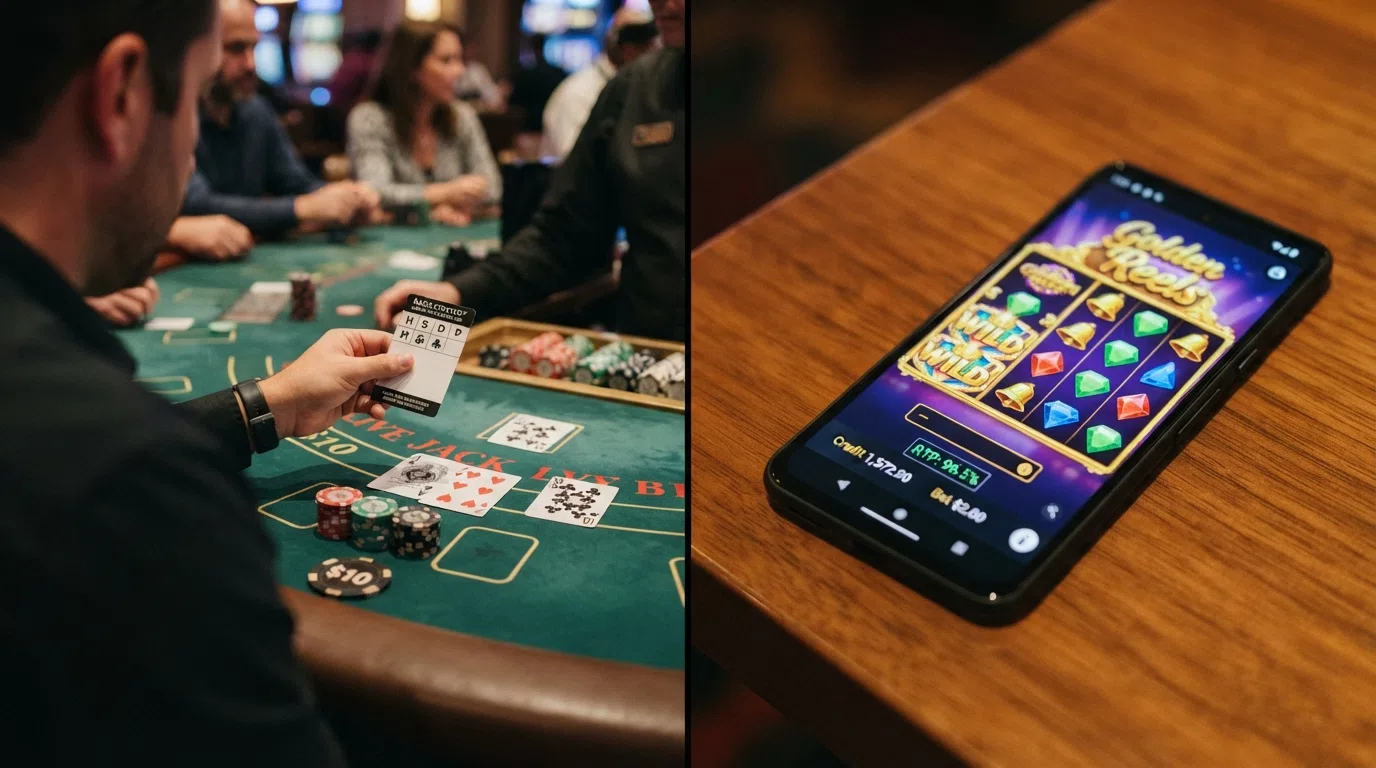 Een split-screen: links een blackjack-tafel met basic-strategy kaart, rechts een gokkast met het RTP-percentage in beeld