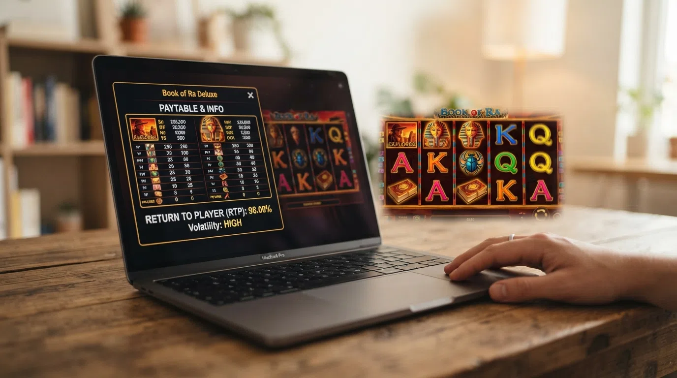 Close-up van het informatievenster van een online gokkast waarin het uitbetalingspercentage (RTP) wordt weergegeven, met daarnaast de draaiende rollen van de slot