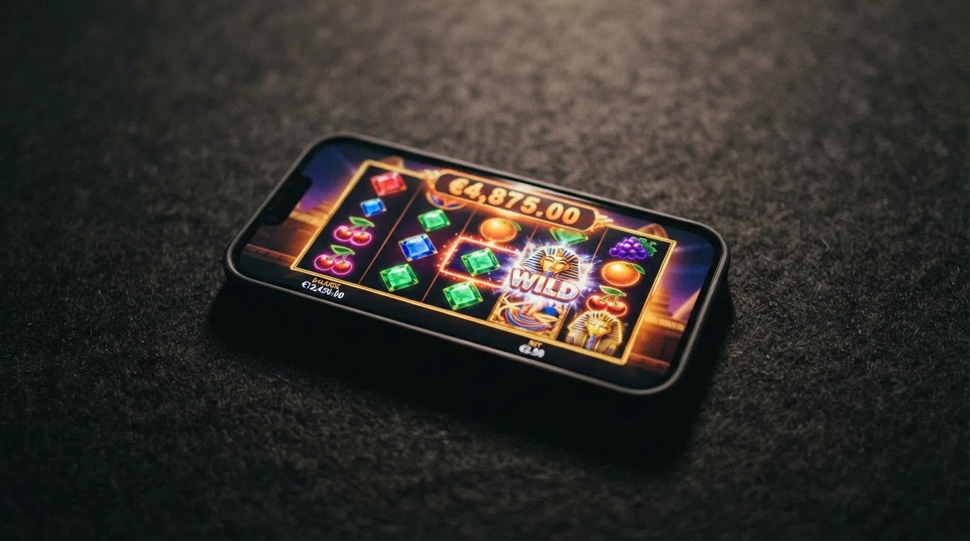 Een gokkast-spel op het scherm van een iPhone, met de rollen zichtbaar, het winbedrag in beeld en de inzetknoppen onderin