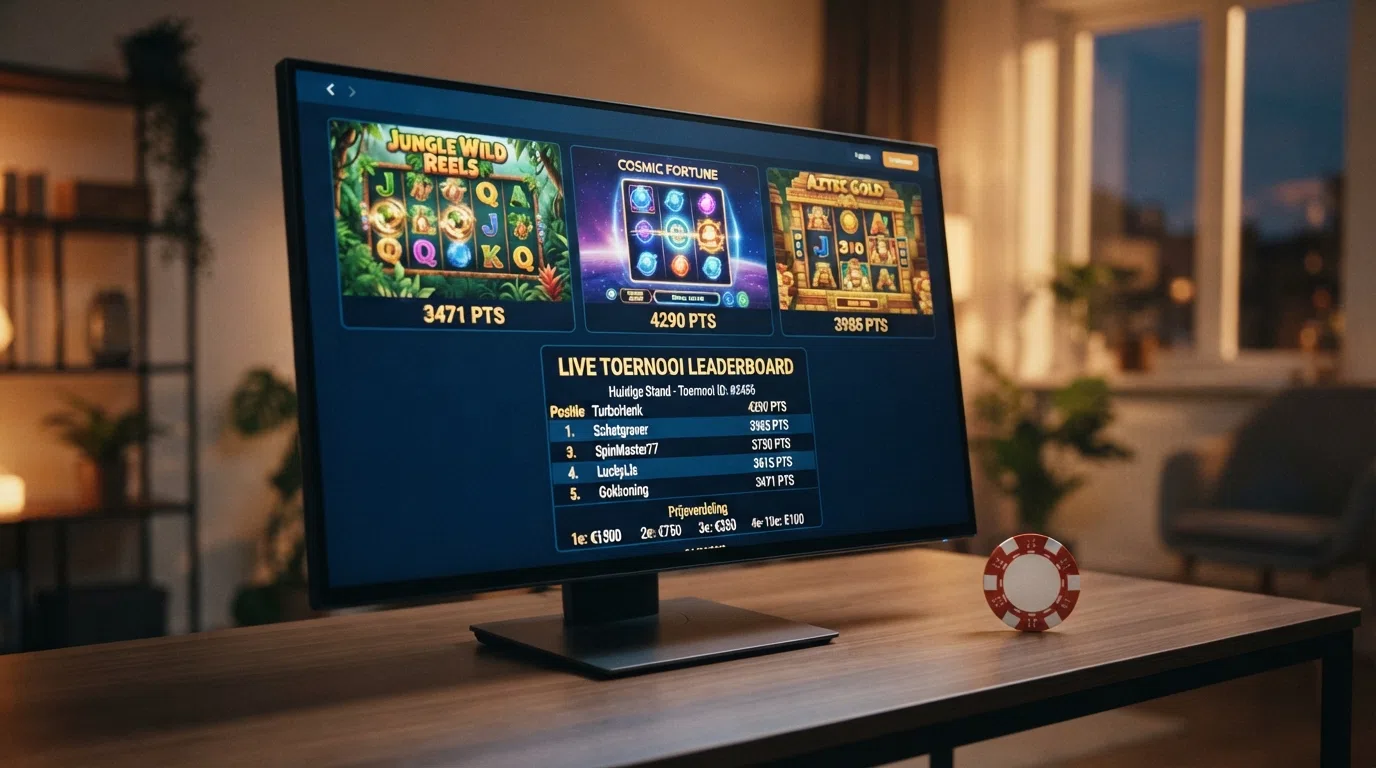 Drie verschillende slots-spellen naast elkaar op een scherm, met een toernooi-klassement dat live de posities bijwerkt.