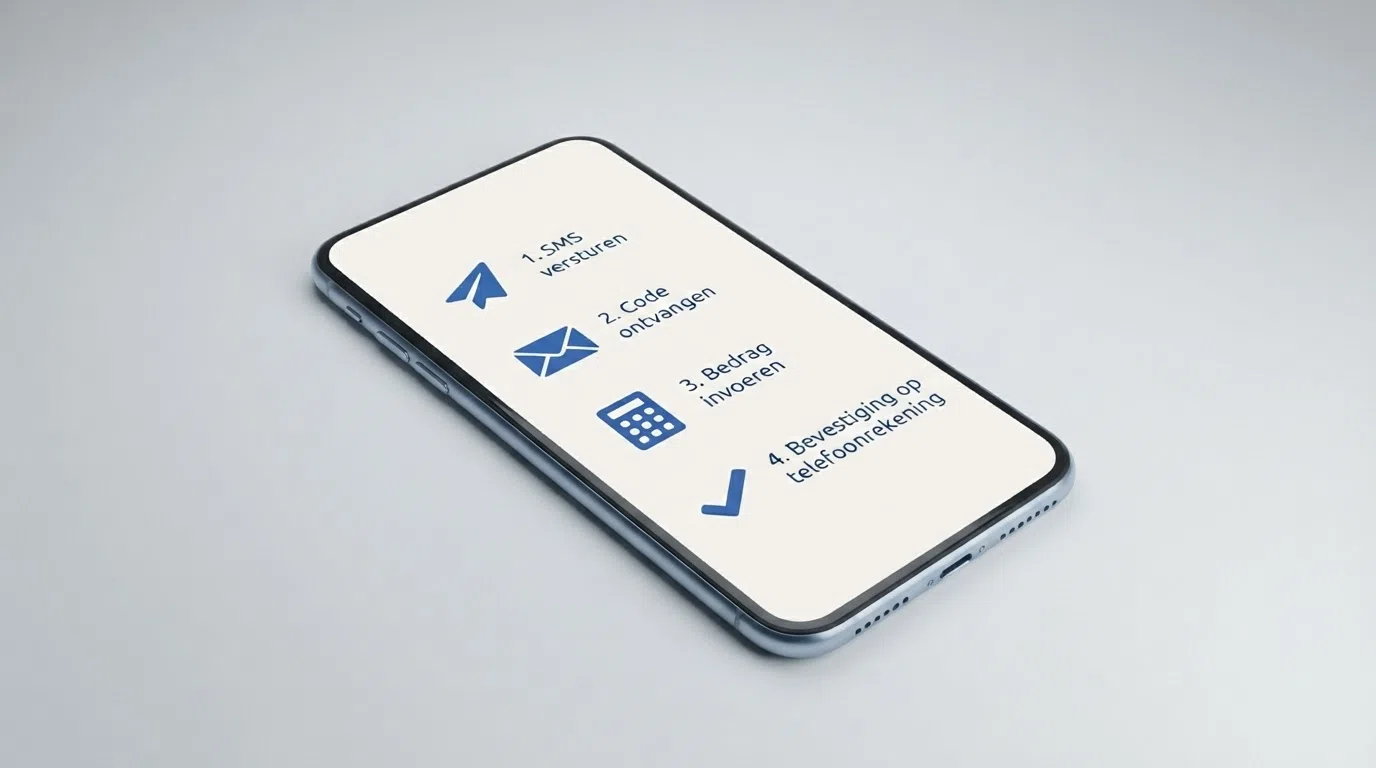 Een infographic die de vier stappen van een SMS-storting toont: SMS versturen, code ontvangen, bedrag invoeren, bevestiging op telefoonrekening
