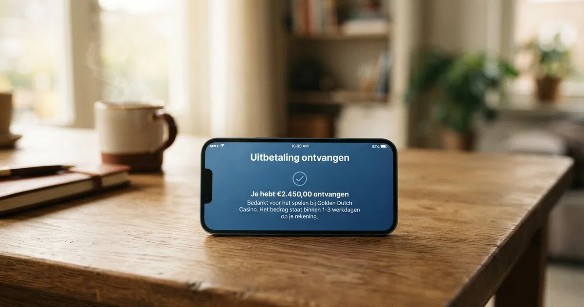 Een klok op het scherm van een smartphone met een bevestigingsmelding 'Uitbetaling ontvangen' naast het logo van een Nederlandse bank-app, op een houten bureau met een kop koffie