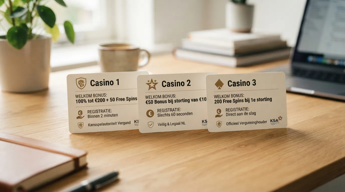 Een overzichtelijke vergelijking van drie casinokaarten met daarop registratietijd, welkomstbonus en KSA-logo, gerangschikt van snel naar sneller