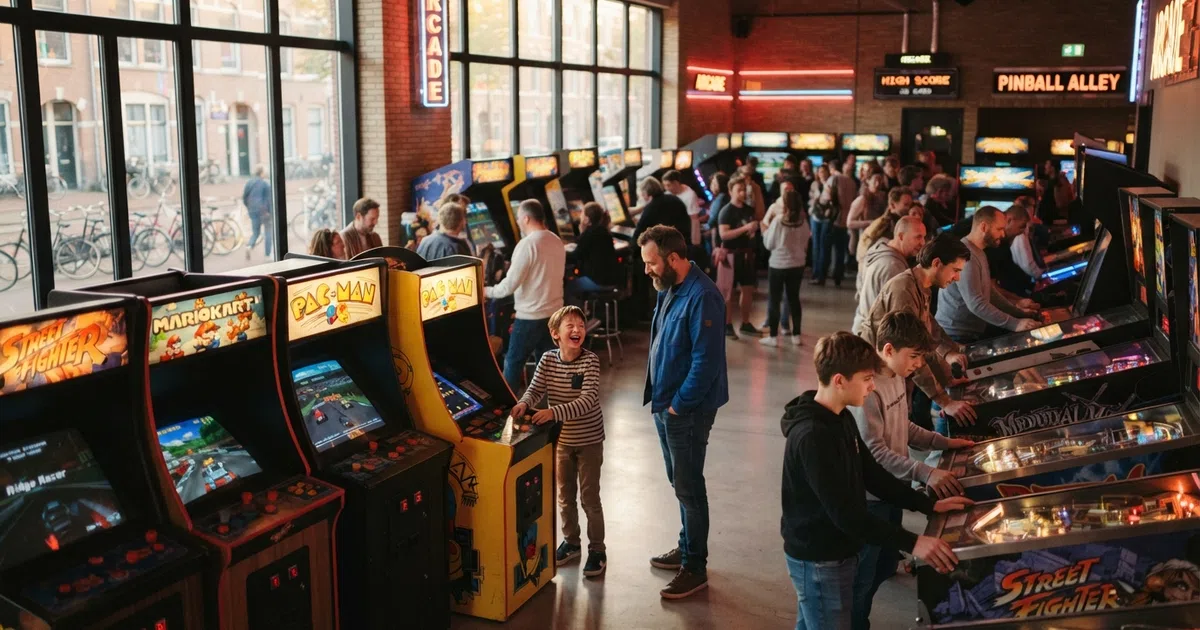 Een lichte moderne arcadehal met rijen flipperkasten en arcade-automaten, kleurrijke LED-verlichting en bezoekers van verschillende leeftijden die samen spelen