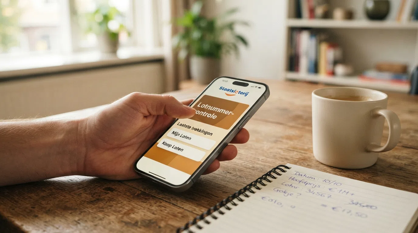 Een smartphone toont het startscherm van de Staatsloterij-app met lotnummercontrole en laatste trekkingen