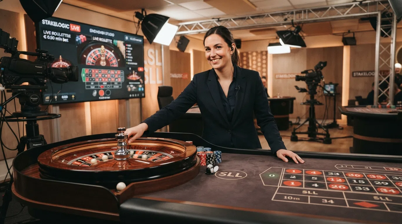 Een live dealer achter een Stakelogic Live-roulettetafel met het Super Stake-logo zichtbaar