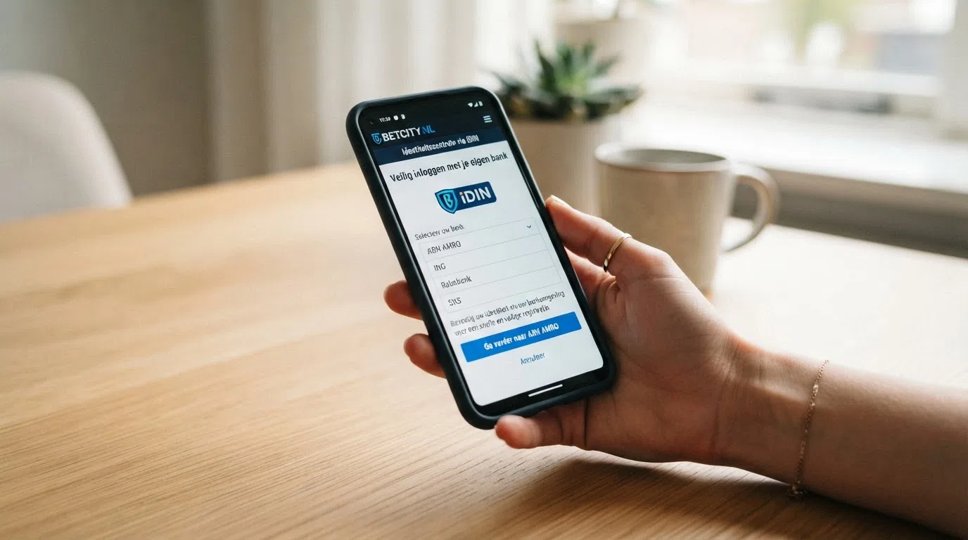 Een smartphone met daarop de registratiepagina van een Nederlands online casino en een iDIN-verificatiescherm
