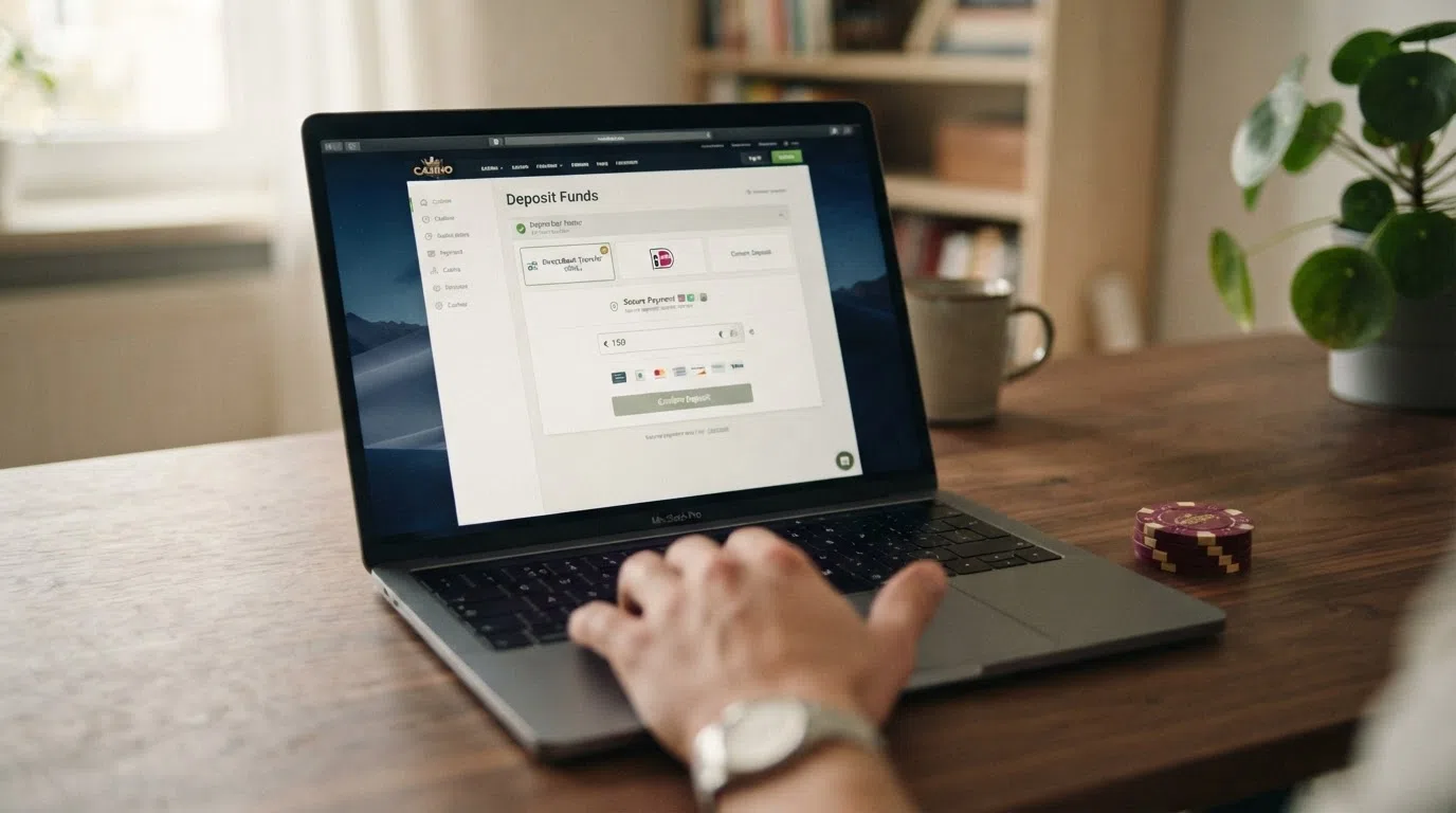 Een laptopscherm toont de kassapagina van een online casino met iDEAL als geselecteerde stortingsmethode