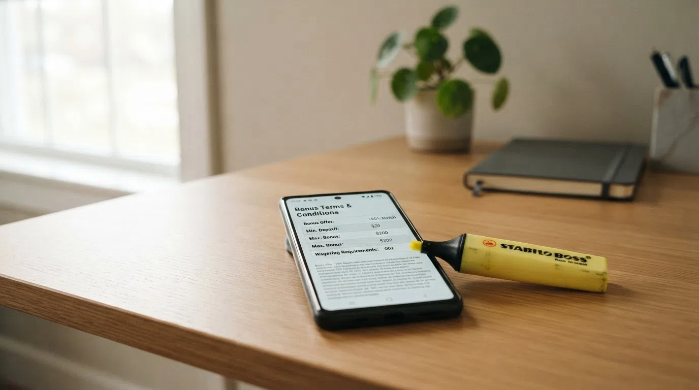 Een close-up van een bonustabel op een telefoonscherm, met een markeerstift die de inzetvereiste en de kleine lettertjes aanwijst.