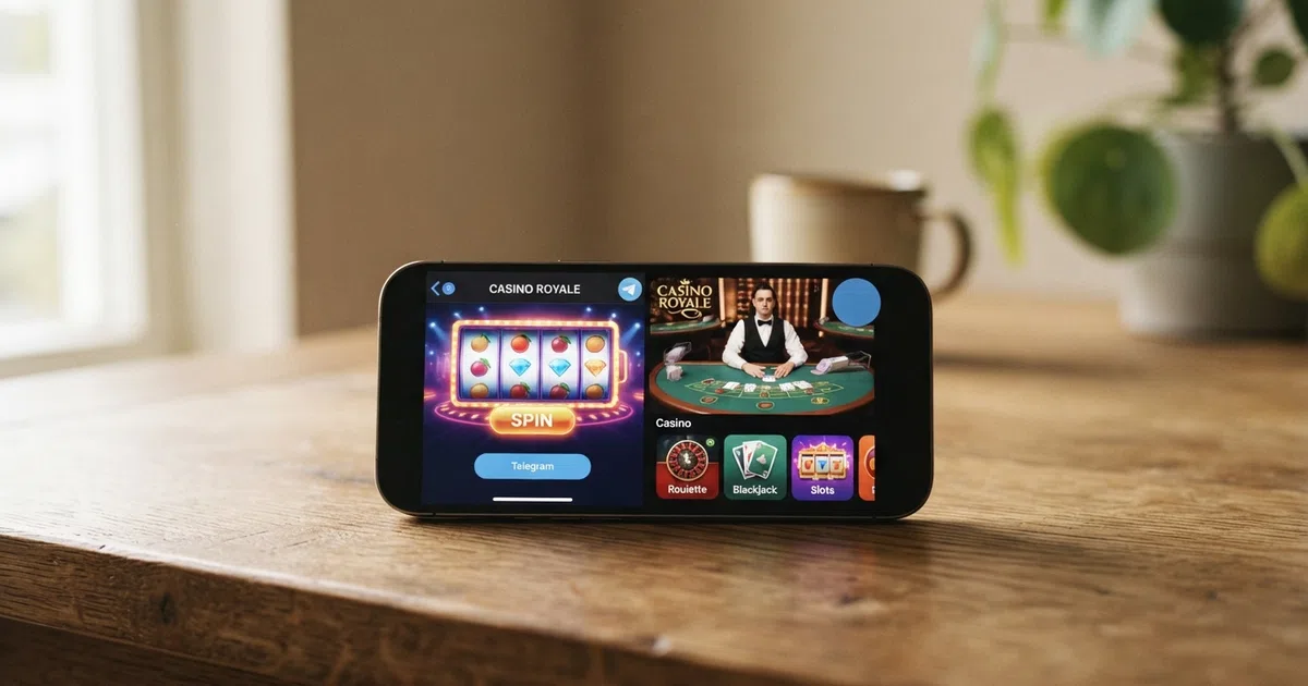 Een smartphone met de Telegram-app open, waarin een casino mini-app zichtbaar is naast het logo van de Kansspelautoriteit — contrast tussen toegankelijkheid en toezicht.