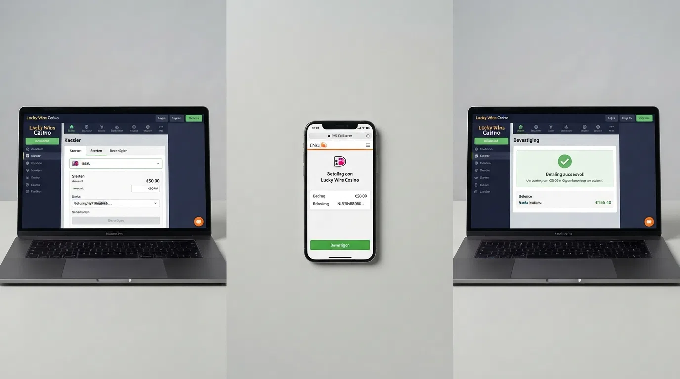 Een stapsgewijze weergave van het Tikkie-stortingsproces: de casino-kassa met Tikkie als geselecteerde optie, het betaalverzoek in de Tikkie-app, en de bevestiging dat het saldo is bijgeschreven