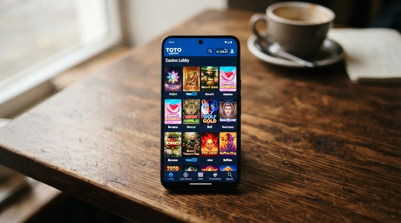 De Toto Casino mobiele app geopend op een smartphone, met het spelaanbod op het scherm