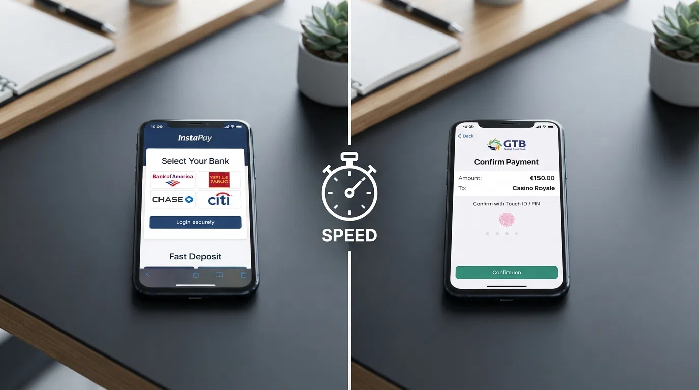 Een gesplitst scherm dat links een Trustly-betaalflow op een telefoon toont en rechts een iDEAL-betaalscherm, met een stopwatch-icoon in het midden