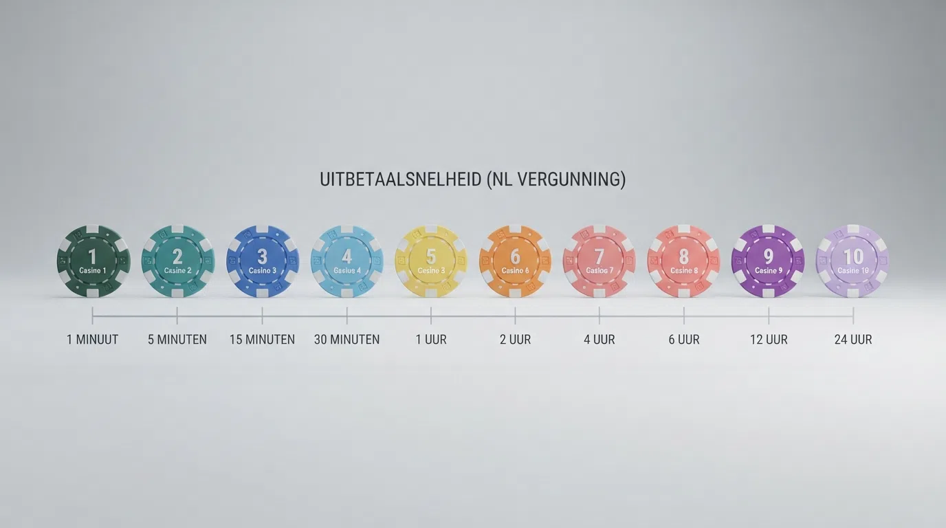 Een horizontale tijdlijn van 1 minuut tot 24 uur met daarop de logo's van de tien besproken online casino's op de positie van hun gerapporteerde uitbetalingstijd