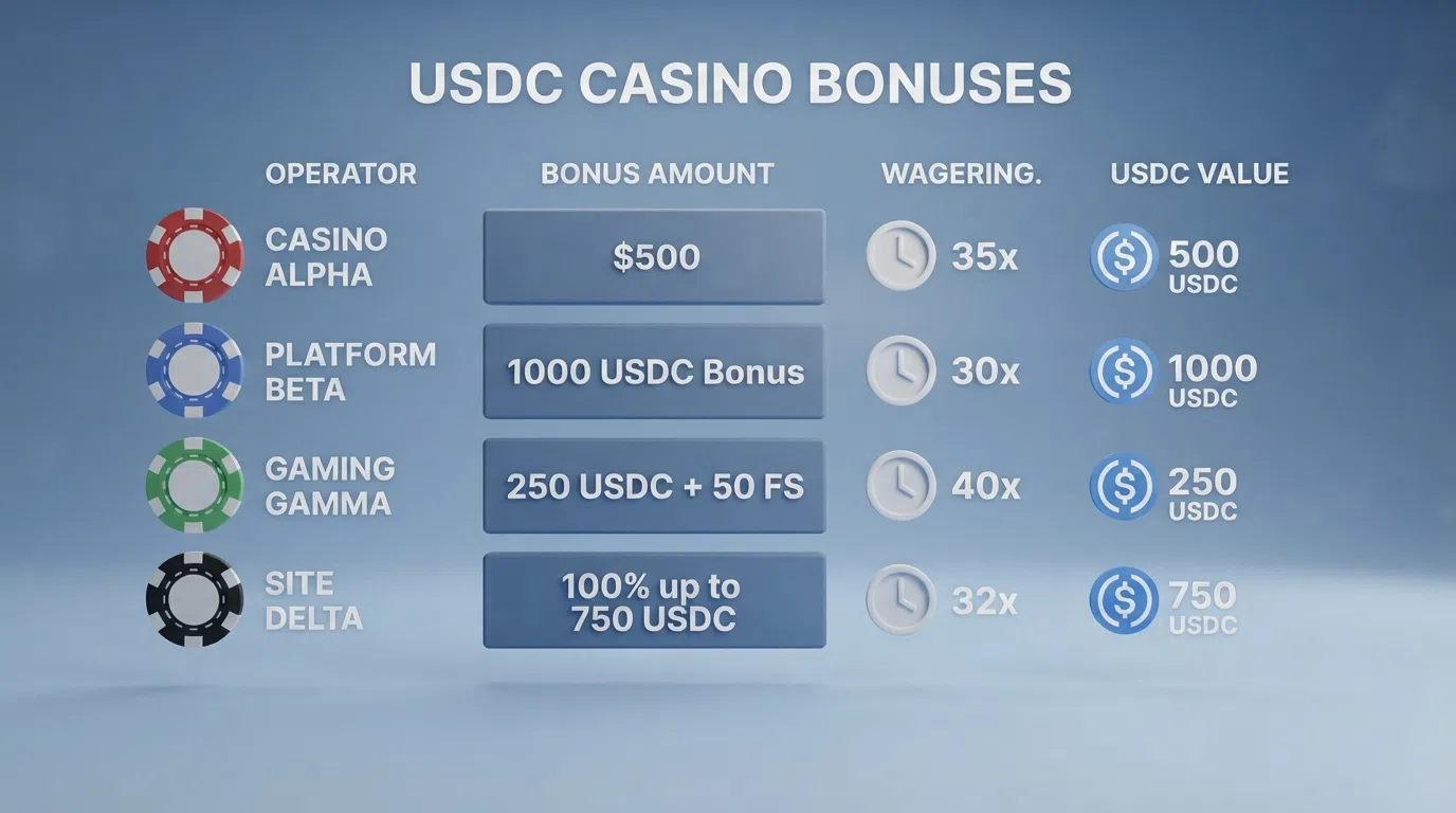 Een overzichtelijke vergelijkingstabel met bonussen, inzetvereisten en spelaantallen per casino, met een USDC-munt als visuele marker