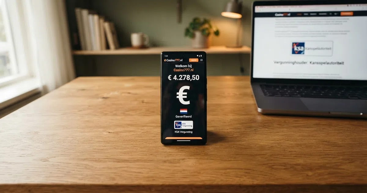 Een Ksa-keurmerk op een casino-website met een slot op de voorgrond dat opengaat en een groen vinkje toont