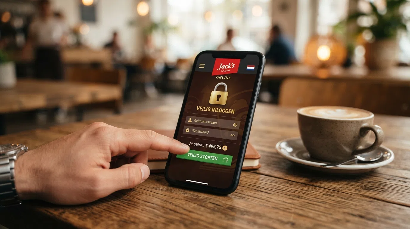 Een smartphone met een hangsloticoon en de Nederlandse vlag op het scherm, naast een casino-interface