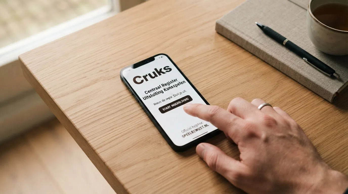 Een illustratie van een slot of grendel op een smartphonescherm met de tekst “Cruks” en daaronder een Nederlandse hulplijn-URL