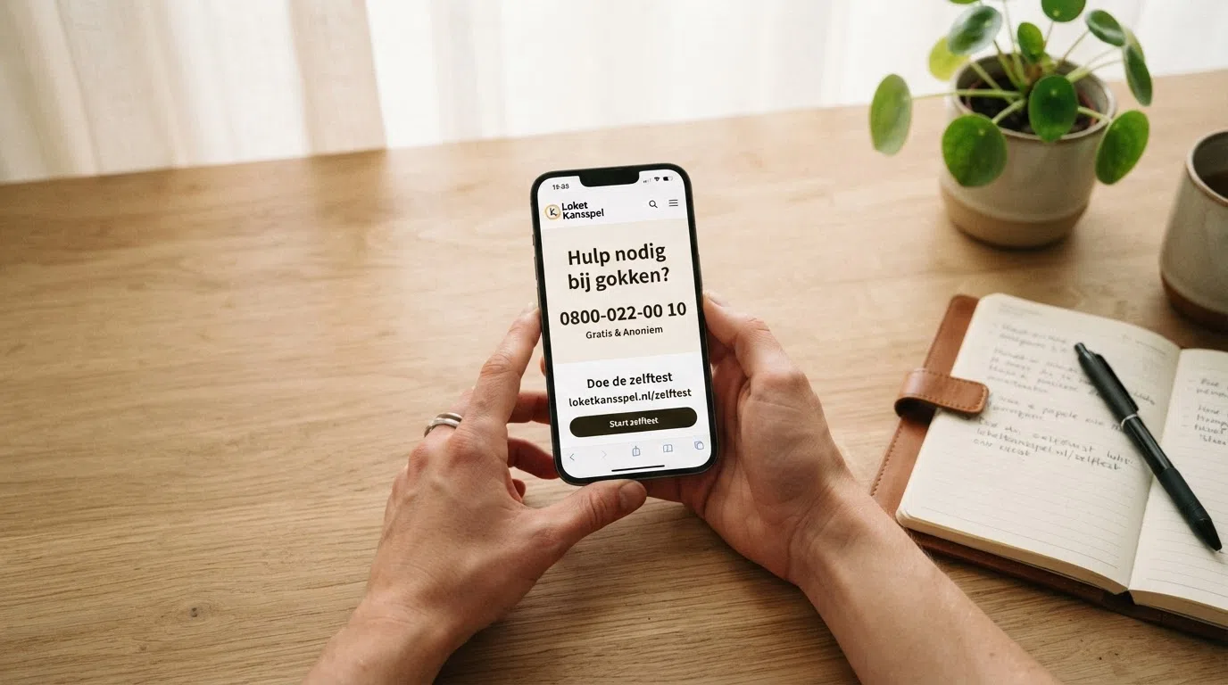 Een telefoon, het nummer van Loket Kansspel, en een scherm met de zelftest op loketkansspel.nl