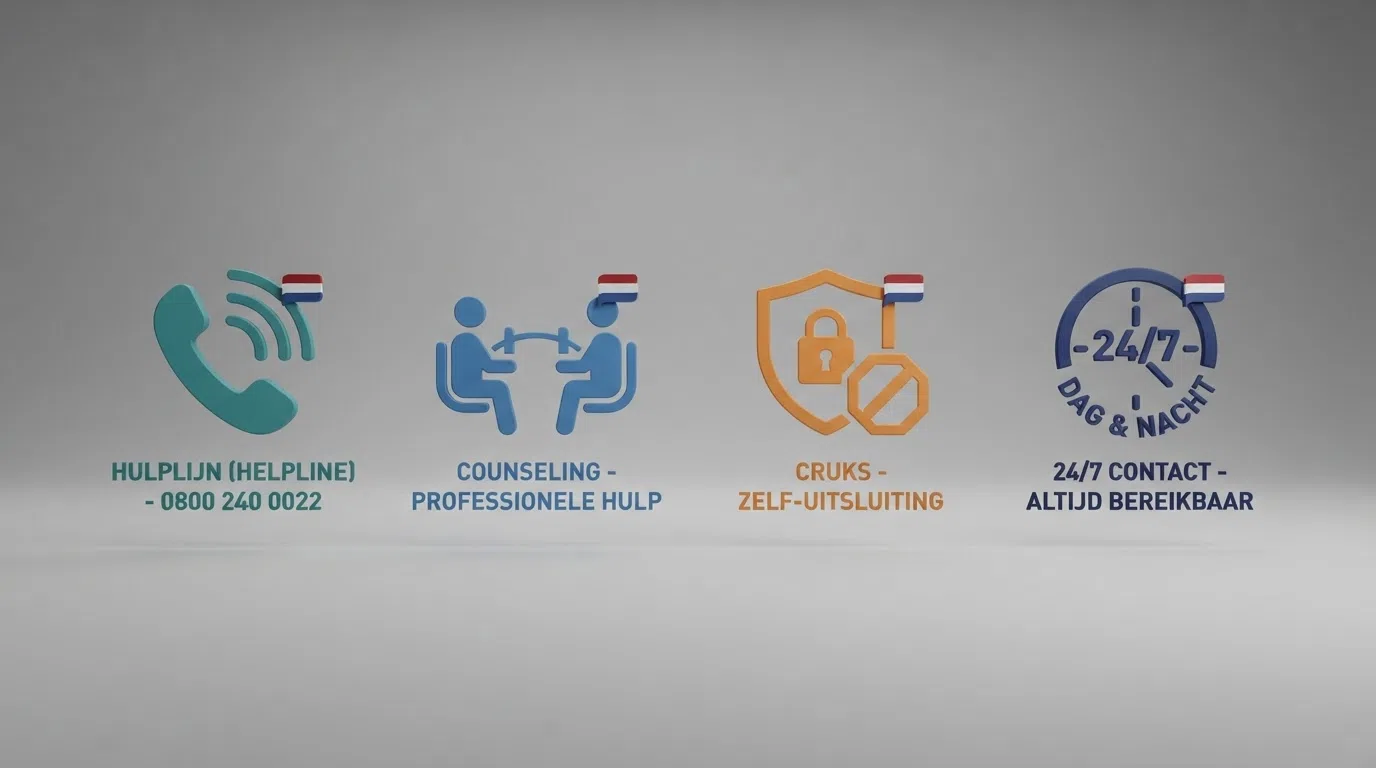 Overzicht van Nederlandse hulpkanalen: logo's van OpenOverGokken, Jellinek, Cruks en een telefoonicoon voor 24/7 hulp