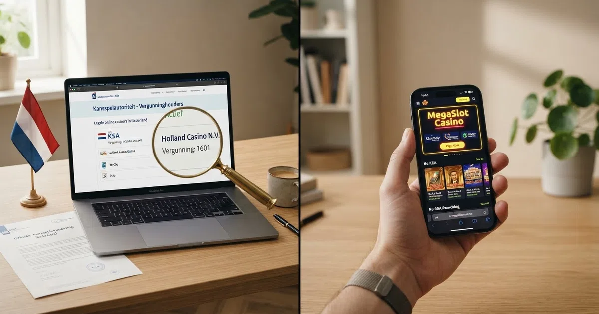 Een split-screen vergelijking tussen een Nederlandse KSA-keurmerk en een offshore casino-interface, met een vergrootglas dat focust op de licentievermelding