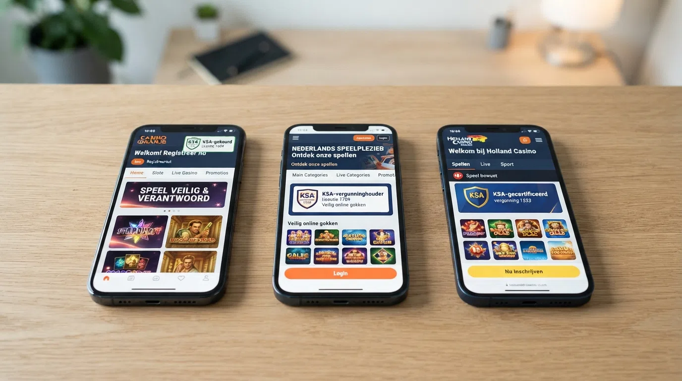 Overzicht van de startpagina's van meerdere Nederlandse online casino's met KSA-keurmerk