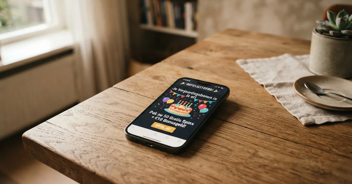 Een smartphone met een felicitatiebericht van een online casino: taart, confetti en een 'gratis spins'-melding op het scherm