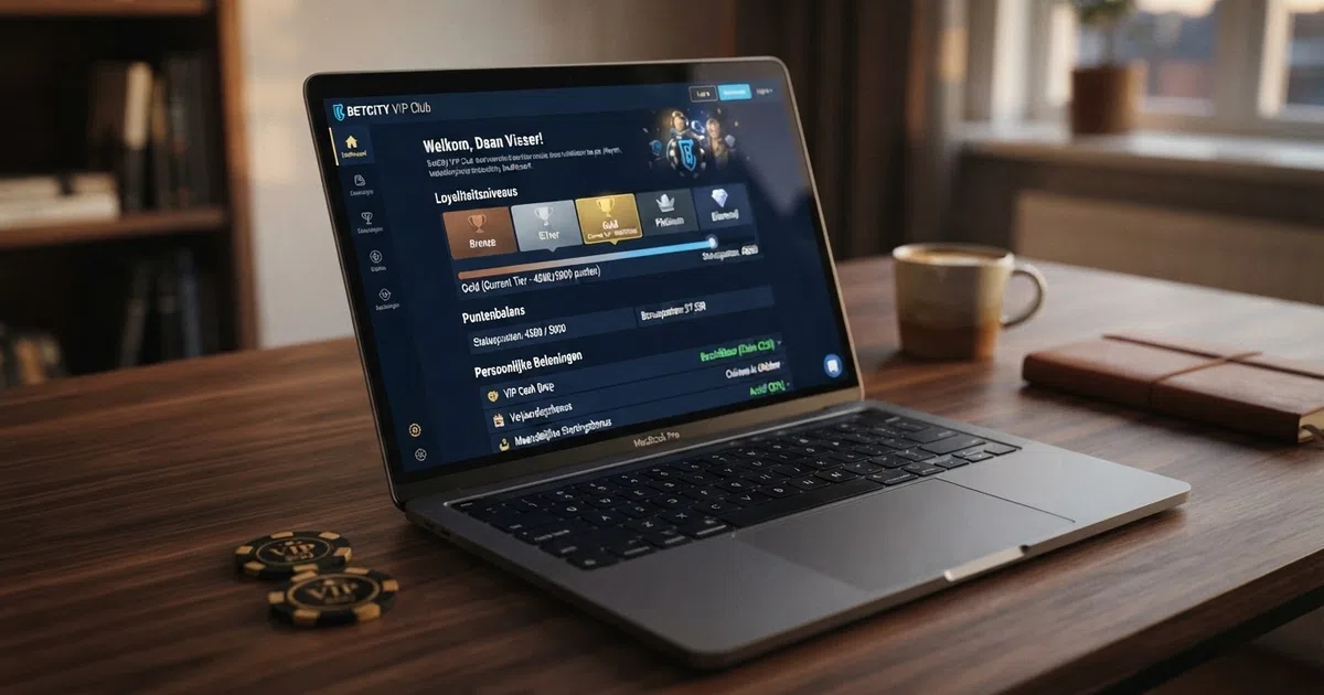 Een online casino dashboard met VIP-loyaliteitsniveaus, puntenbalans en persoonlijke beloningen voor een Nederlandse speler
