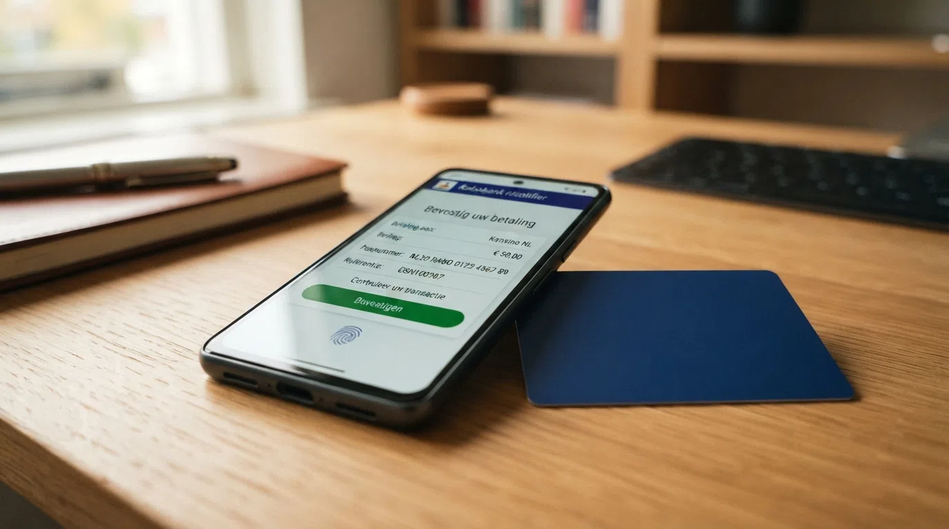 Een smartphone met het 3D Secure-verificatiescherm van een Nederlandse bankapp, met een Visa-kaart ernaast op een bureaublad