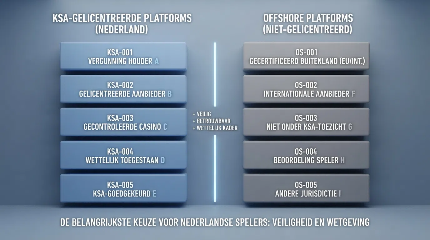 Een overzichtelijke vergelijkingstabel of rij casino-logo's, gegroepeerd in twee kolommen: KSA-vergund links, offshore rechts