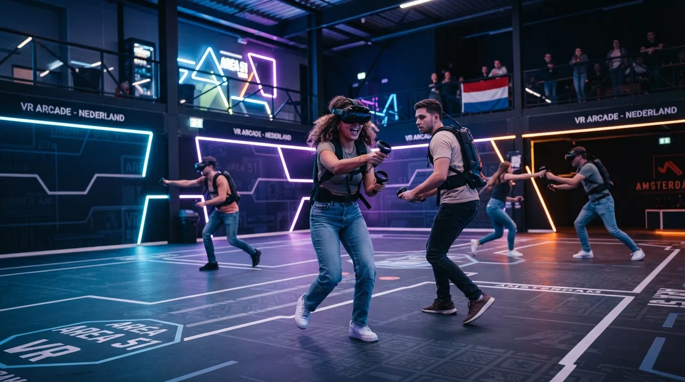 Spelers met VR-headsets vrij bewegend in een grote open ruimte, begeleid door een instructeur, met neonaccenten op de wanden