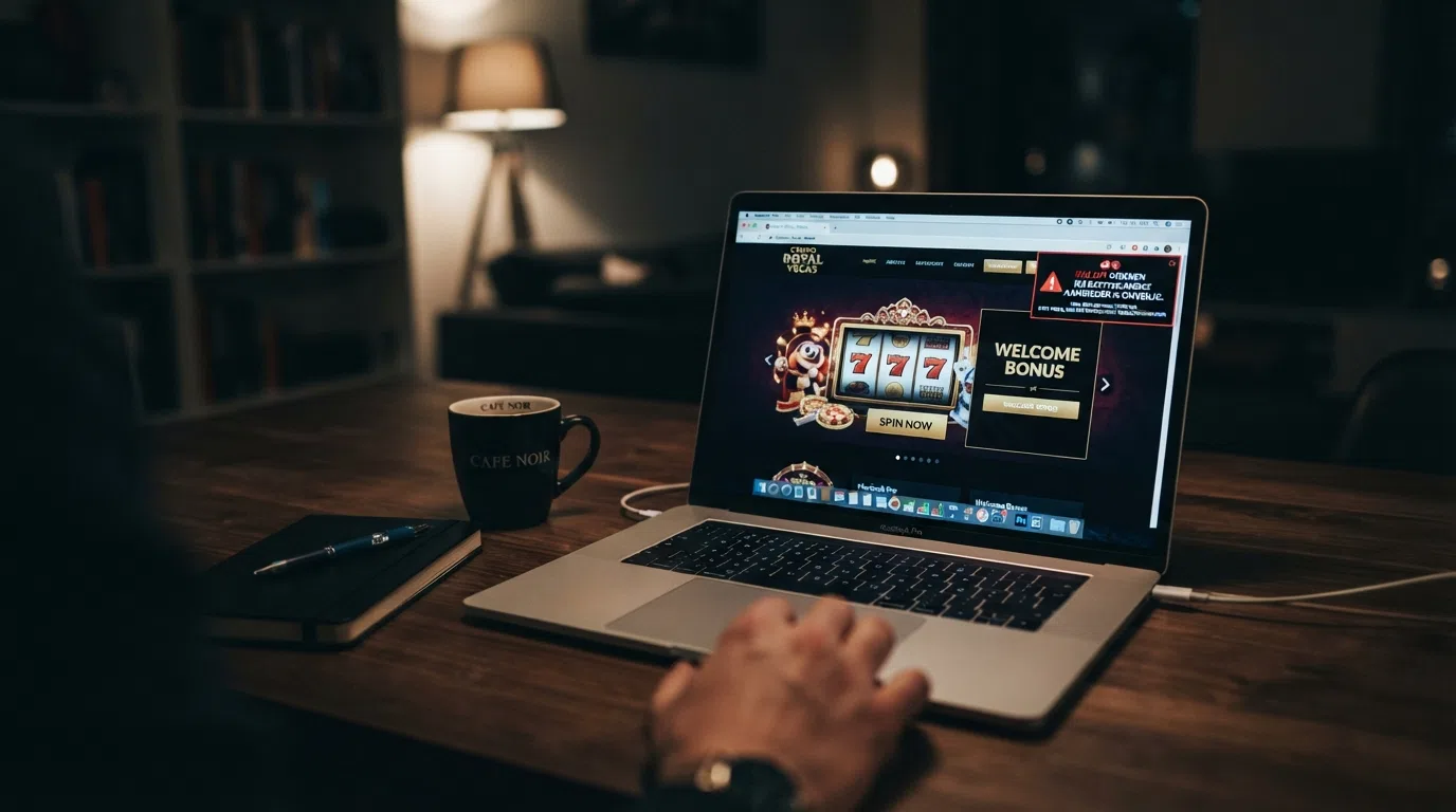 Een casino-website met een buitenlandse domeinnaam zonder KSA-keurmerk — met een waarschuwingssymbool