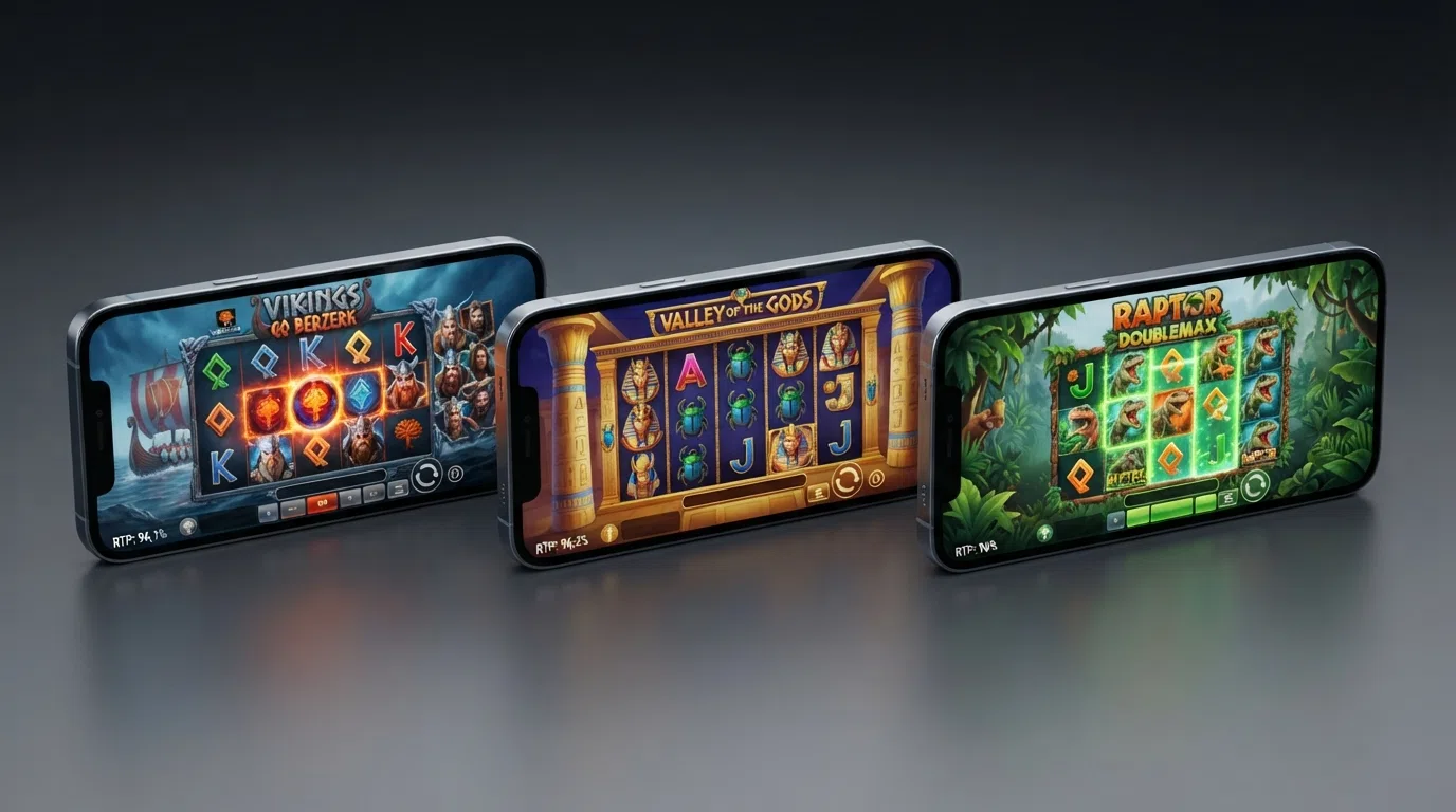 Vikings Go Berzerk, Valley of the Gods en Raptor DoubleMax naast elkaar op drie schermen, met hun RTP-percentages zichtbaar